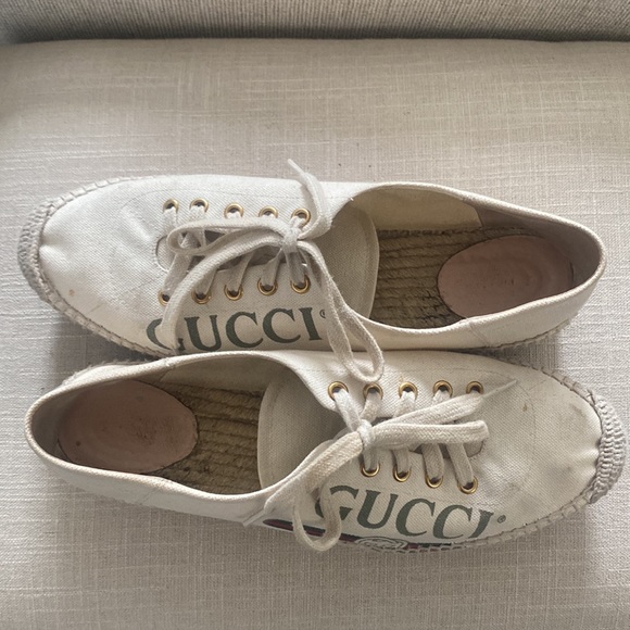 Gucci Canvas Logo Lace-Up Platform Espadrilles Greggio Grege - Picture 7 of 8